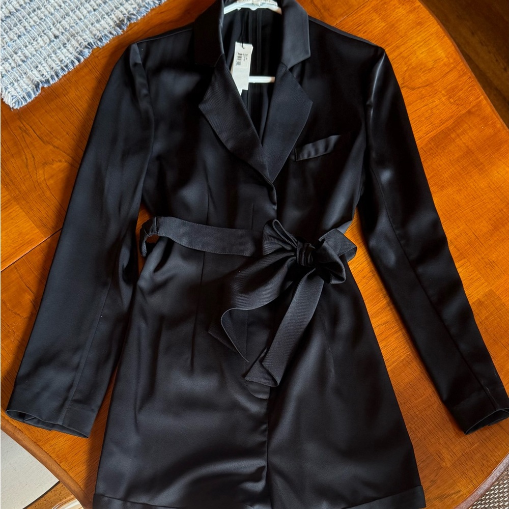 NWT Fleur du Mal Black Satin Blazer-Romper with Belt